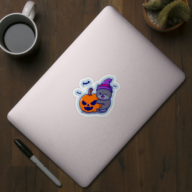 Cute Witch Cat Hug Pumpkin Halloween Cartoon by Catalyst Labs